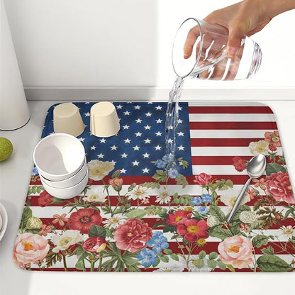 4th of July Dish Drying Mat 18x16 Inch, Patriotic Drying Mat with Absorbent Reversible Microfiber, Independence Day Dish Drainer Mats Memorial Day Rack Pad for Coffee Countertop Kitchen Protector
