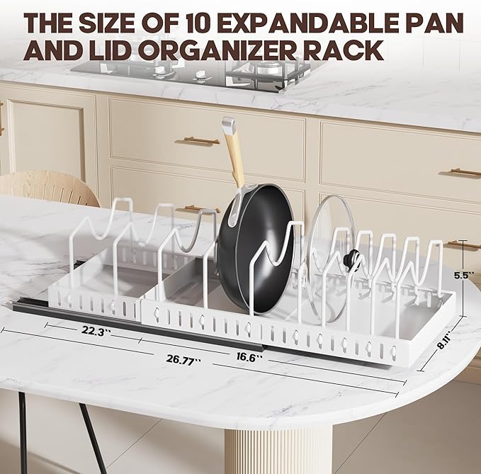 Pull Out Pots and Pans Organizer Under Cabinet, Expandable Sliding Lid Holder and Pan Rack for Kitchen, Slide Out Inside Cabinet for Pot Lid, Bakeware, Dishes, 10 Adjustable Dividers, 1 Pack White - Image 3