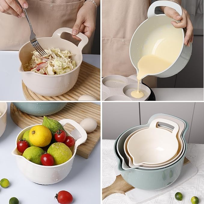 Mixing Bowls - 4 Piece Nesting Plastic Mixing Bowl Set with Pour Spouts and Handles - Non Slip Bottom and Measurement Markings (Light Green) - Image 3