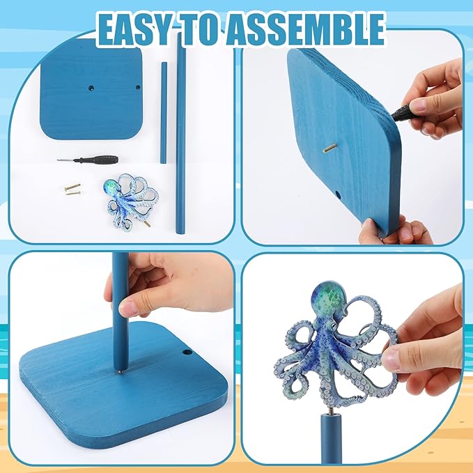 Leinuosen Octopus Paper Towel Holder Beach Octopus Wooden Paper Towel Holder Coastal Nautical Bathroom Countertop Accessories Blue Kitchen Roll Stand Organizer Apartment Ocean Decor Housewarming Gift