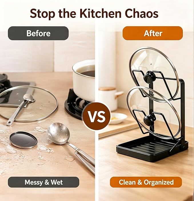 Pot Lids Organizer Rack for Cabinet and Countertop,304 Stainless Steel Kitchen Pot Lid Storage Rack,Pot Lid Holder while Cooking with Removable Tray & Spoon Rest,Waterproof & Rustproof
