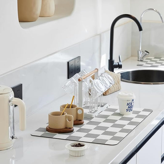 Ohocut Checkered Dish Drying Mat for Kitchen Counter, Coffee Bar Station Accessories, Retro Cute Aesthetic Modern Absorbent Drainer Mat Kitchen Drying Mat Easy Clean, Grey 12" x 19" by Ohocut