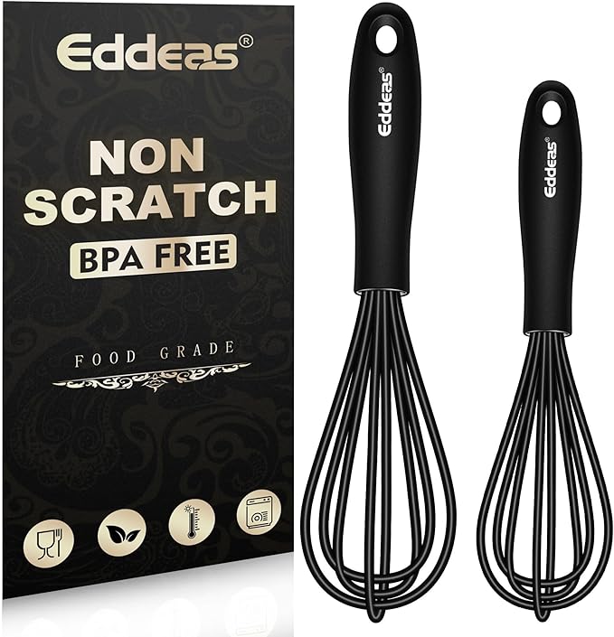 Eddeas Silicone Mini Whisk, Small whisks Non-Stick Tiny Whisks set of 2（5.5in & 7.5in）-Heat Resistant (450°F) Whisks, Balloon Egg Beater Perfect for Whisking, Beating, Mixing, Blending, Black by Eddeas