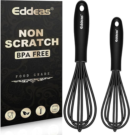 Eddeas Silicone Mini Whisk, Small whisks Non-Stick Tiny Whisks set of 2（5.5in & 7.5in）-Heat Resistant (450°F) Whisks, Balloon Egg Beater Perfect for Whisking, Beating, Mixing, Blending, Black by Eddeas