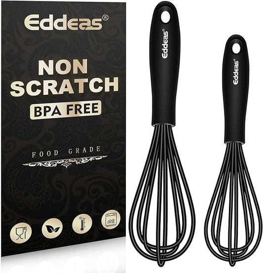 Eddeas Silicone Mini Whisk, Small whisks Non-Stick Tiny Whisks set of 2（5.5in & 7.5in）-Heat Resistant (450°F) Whisks, Balloon Egg Beater Perfect for Whisking, Beating, Mixing, Blending, Black by Eddeas