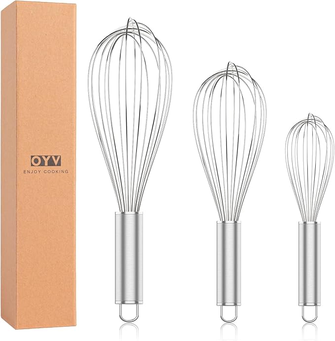 OYV 304 Stainless Steel Whisk Set, Dishwasher Safe Rustproof Metal Whisk, Professional Balloon Wire Whisks for Kitchen Cooking, Perfect For Blending, Whisking, Baking, Beating, 3 Packs (8" 10" 12") by OYV