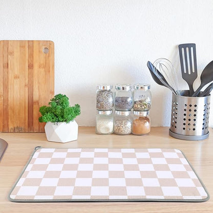 Zonon Dish Drying Mat for Kitchen Counter 16 x 24 Microfiber Absorbent Dish Drainer Rack Pads Fast Dry Mat Vintage Kitchen Decorations(Beige,16" X 24",Checkered) - Image 2