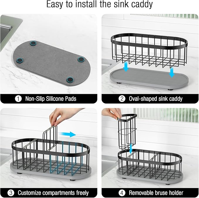 Sponge Holder for Kitchen Sink with High Brush Holder, [Stay-Dry Anywhere & No Drainage Needed] Rustproof Stainless Steel Kitchen Sink Caddy Organizer with Water Absorbing Stone Tray, Black - Image 5