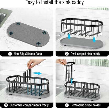 Sponge Holder for Kitchen Sink with High Brush Holder, [Stay-Dry Anywhere & No Drainage Needed] Rustproof Stainless Steel Kitchen Sink Caddy Organizer with Water Absorbing Stone Tray, Black - Image 5