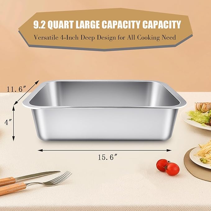 9.2QT Stainless Steel Lasagna Pan with Lid, 4 Inch Deep Baking Dish with Lid – 15.6"x11.6"x4" Nonstick Casserole Dish Oven Safe to 500°F, Food-Grade Deep Baking Pan for Lasagna, Roasts, Family Cooking