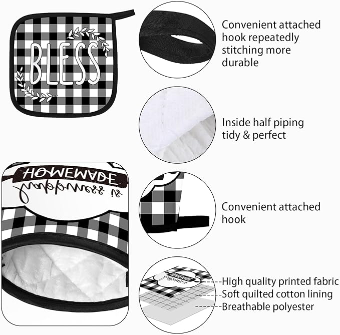 5 Pieces Buffalo Plaid Kitchen Towels Oven Mitts and Pot Holder Set Black and White Kitchen Towels Oven Gloves, Hot Pads Pot Holders for Farm House Accessories Decor(Heart) - Image 3