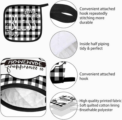 5 Pieces Buffalo Plaid Kitchen Towels Oven Mitts and Pot Holder Set Black and White Kitchen Towels Oven Gloves, Hot Pads Pot Holders for Farm House Accessories Decor(Heart) - Image 3