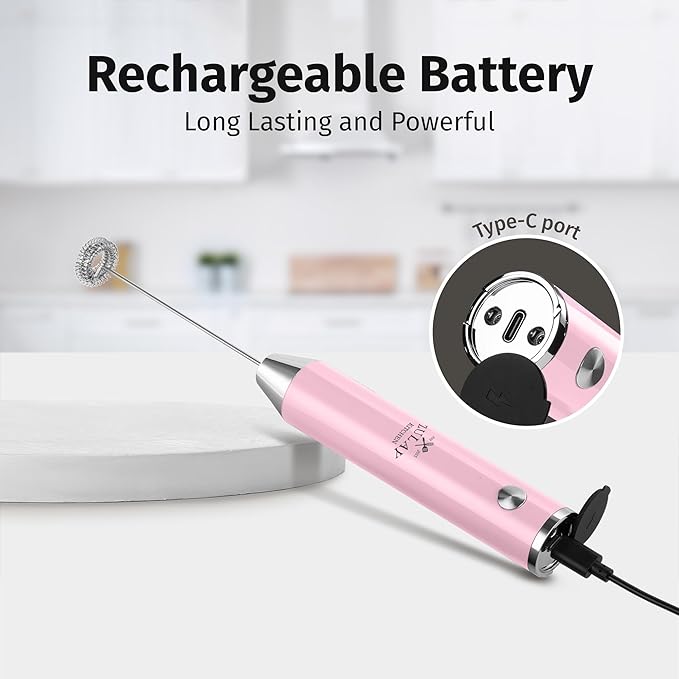 Zulay Kitchen Rechargeable Milk Frother Handheld Lux - Powerful 2-Speed Motor, Waterproof, 2000mAh Battery - Drink Mixer for Latte, Cappuccino, Matcha & Protein Powder - Pink Bubblegum - Image 7