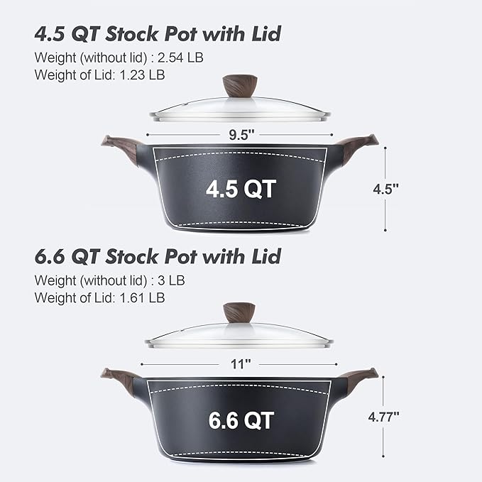 SENSARTE Nonstick Stock Pot with Lid, 4.5+6.6 QT Soup Pot Set Casserole Pot, Healthy Pasta Pot, Large Deep Cooking Pot, Big Sauce Pot Stew Pot, Induction Compatible, PFOA PFOS APEO Free, Black - Image 2