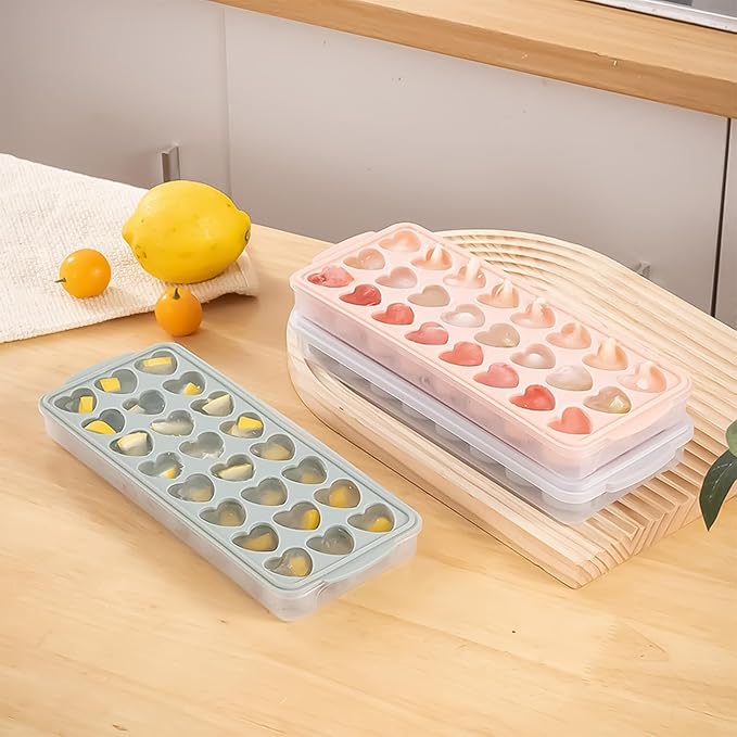 Heart-Shaped Ice Cube Trays With Lid and Bin- 24 Holes Silicone Fun Ice Cube Tray, BPA Free and Dishwasher Safe, Mini Cute Shape Ice Cube Mold, Easy to Remove With Lid (Pink)