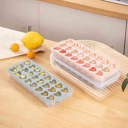 Heart-Shaped Ice Cube Trays With Lid and Bin- 24 Holes Silicone Fun Ice Cube Tray, BPA Free and Dishwasher Safe, Mini Cute Shape Ice Cube Mold, Easy to Remove With Lid (Pink)