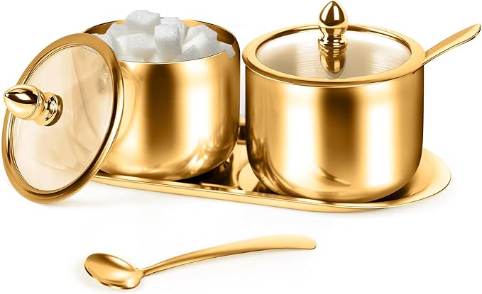 holoith 2 Pcs Coffee and Sugar Dispenser with Tray - 10 oz Sugar Bowl with Glass Lid and Spoon for Coffee Bar Accessories Kitchen Storage for Salt,Coffees Bean,Brown Sugar Cubes (Gold) by Holoith