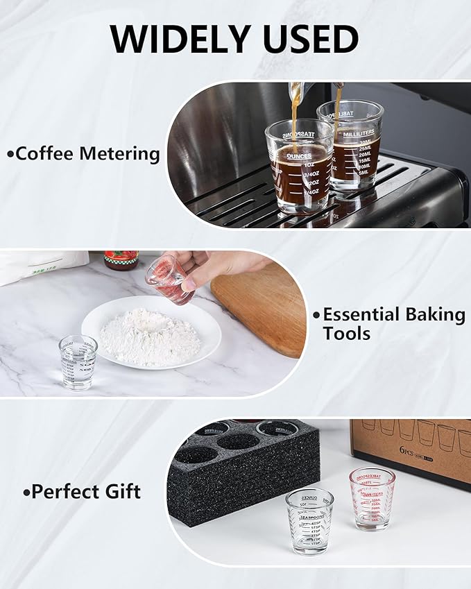 SAIAOKJ Shot Glasses Measuring Cup Set 6 Pack Espresso Shot Glasses Liquid Heavy Glass 26-Incremental Measurement 1 OZ, 2 TBS, 6 TSP, 30 ML Kitchen Tools(White)
