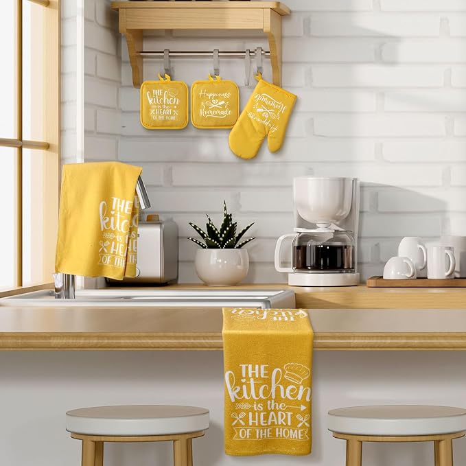 Sratte 6 Pcs Kitchen Decor Accessories Set Farmhouse Towels Pot Holders Oven Mitts Set 2 Dish Towels 2 Potholders 2 Cooking Mittens Oven Glove for Christmas Baking Cooking Supply(Yellow,Kitchen) - Image 7