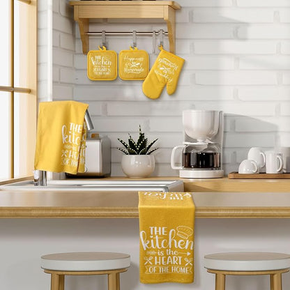 Sratte 6 Pcs Kitchen Decor Accessories Set Farmhouse Towels Pot Holders Oven Mitts Set 2 Dish Towels 2 Potholders 2 Cooking Mittens Oven Glove for Christmas Baking Cooking Supply(Yellow,Kitchen) - Image 7