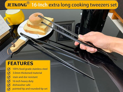 JETKONG 2 Pcs 16-Inch Heavy Duty Plating Tongs, Extra-Long Kitchen Fine Tongs Large Stainless Steel Cooking Forceps (Black) - Image 3