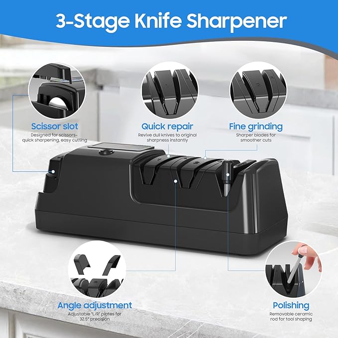 5-in-1 Electric Knife Sharpener for Kitchen Knives, with 100% Diamond Abrasives, 3 Adjustable Speeds, Quickly Sharpening for Straight/Serrated/Kitchen Knives, Scissors - Image 4