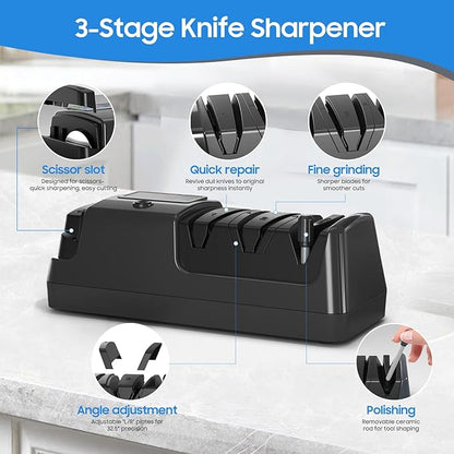 5-in-1 Electric Knife Sharpener for Kitchen Knives, with 100% Diamond Abrasives, 3 Adjustable Speeds, Quickly Sharpening for Straight/Serrated/Kitchen Knives, Scissors - Image 4