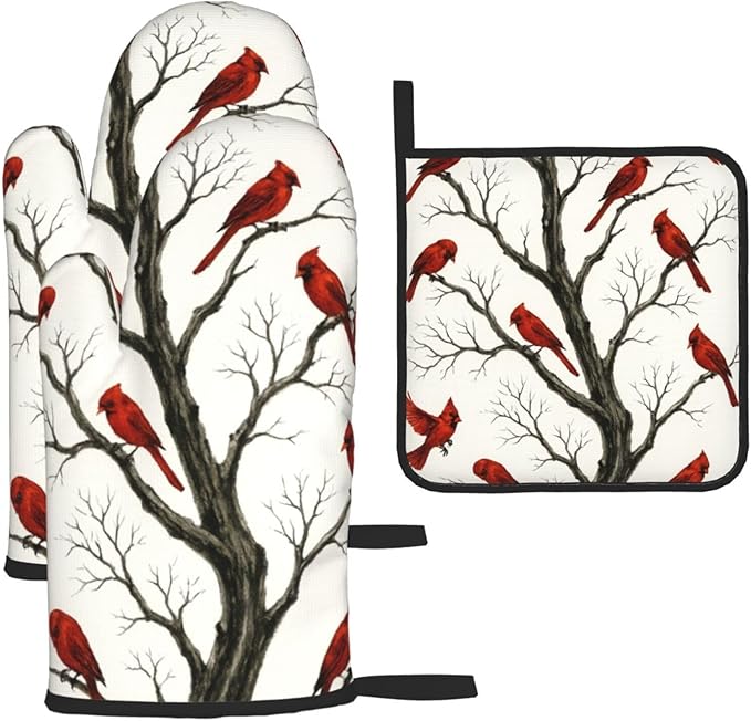 Christmas Pot Holders and Oven Mitts Set of 3,Winter Red Cardinal Kitchen Gloves Hot Pads for Oven Baking Cooking BBQ Grilling,Cardinals Kitchen Decor & Christmas Cardinal Gifts for Women