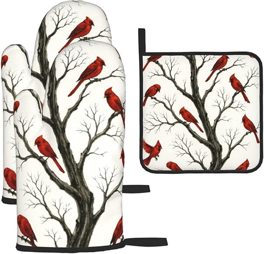 Christmas Pot Holders and Oven Mitts Set of 3,Winter Red Cardinal Kitchen Gloves Hot Pads for Oven Baking Cooking BBQ Grilling,Cardinals Kitchen Decor & Christmas Cardinal Gifts for Women