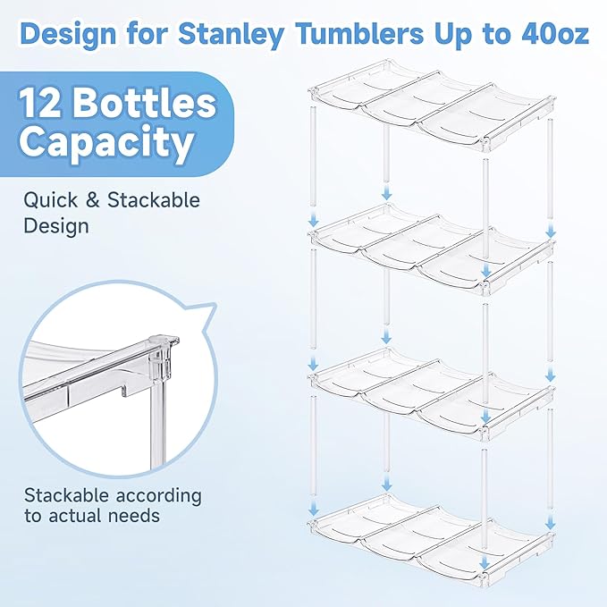 Stackable Water Bottle Organizer for Stanley 40 oz Tumbler, Water Bottle Holder for Cabinet, Pantry Kitchen Organizers and Storage for Stanley Cup Accessories, Tumbler Organizer and Wine Rack, 4Pack - Image 4