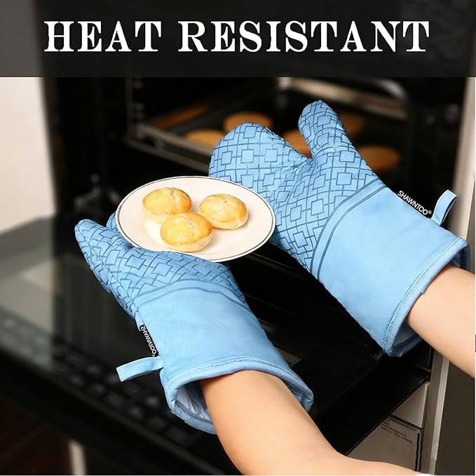 Oven Mitts and Pot Holders Sets 6pcs, Kitchen Oven Glove,High Heat Resistant 550 Degree Extra Long Oven Mitts and Potholders with Non-Slip Silicone Surface for Home Essentials (Grey) (Fog Blue) - Image 3