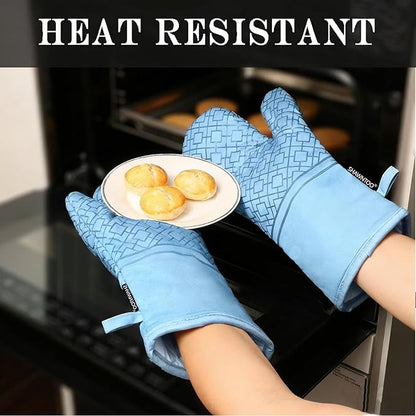 Oven Mitts and Pot Holders Sets 6pcs, Kitchen Oven Glove,High Heat Resistant 550 Degree Extra Long Oven Mitts and Potholders with Non-Slip Silicone Surface for Home Essentials (Grey) (Fog Blue) - Image 3