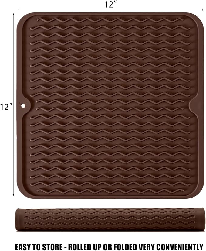 Silicone Dish Drying Mat, Non-Slip Easy Clean Sink Mat Large Heat-resistant Dish Drainer Mat for Kitchen Counter, Sink, Refrigerator or Drawer liner (12" x 12", COFFEE) - Image 2