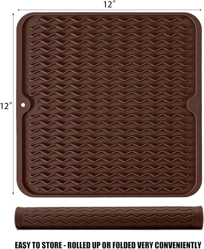 Silicone Dish Drying Mat, Non-Slip Easy Clean Sink Mat Large Heat-resistant Dish Drainer Mat for Kitchen Counter, Sink, Refrigerator or Drawer liner (12" x 12", COFFEE) - Image 2
