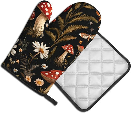 Mushroom Oven Mitt Pot Holder Set Vintage Floral BBQ Cooking Gloves with Loop Baking Grilling Kitchen Gifts for Spring Summer - Image 2