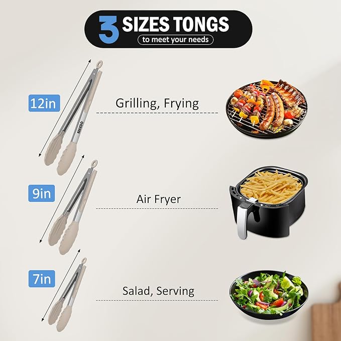 Kitchen Tongs, Stainless Steel Cooking Tongs with Silicone Tips, 600ºF High Heat-Resistant Non Scratch Locking Tongs for Cooking BBQ Grilling Air Fryer Pans, Set of 3 (7" 9" and 12") Beige - Image 2
