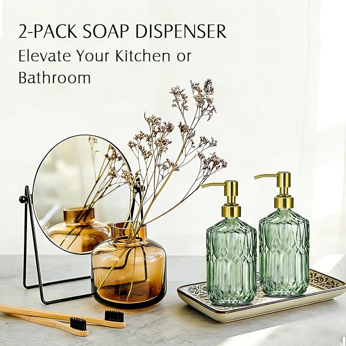 COHOSEGE 17 Oz Green Glass Kitchen Soap Dispenser for Dish Soap, 2 Pack Bathroom Soap Dispenser Set with Gold Rust Proof Pump for Lotion, Hand soap or Body Wash - Image 3