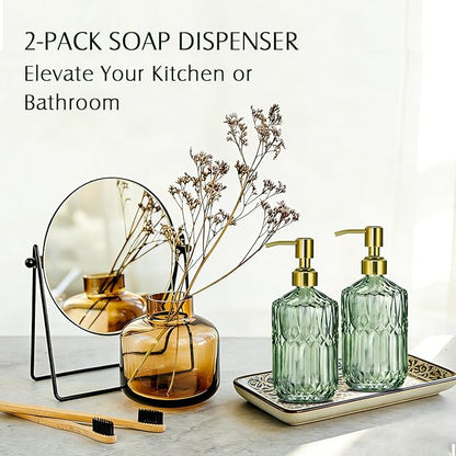 COHOSEGE 17 Oz Green Glass Kitchen Soap Dispenser for Dish Soap, 2 Pack Bathroom Soap Dispenser Set with Gold Rust Proof Pump for Lotion, Hand soap or Body Wash - Image 3