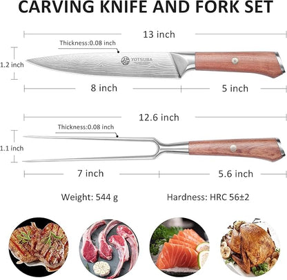 YOTSUBA Japanese Carving Knife and Fork Set, Razor-Sharp German Stainless Steel, Full Tang Ergonomic Rosewood Handle, Slicing Knife for Meats, BBQ & Brisket, Premium Gift Set