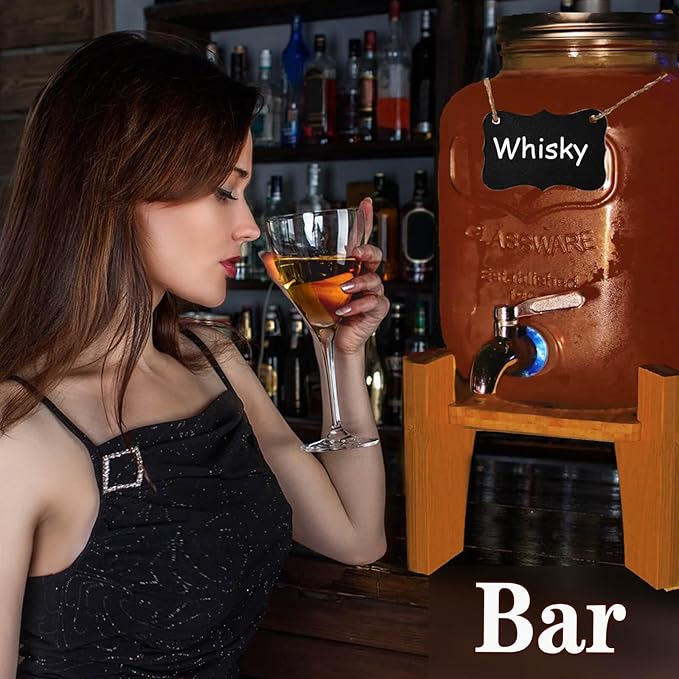 2 Gallon Drink Dispenser with 18/8 Stainless Steel Spigot, Sun Tea Glass Mason Jar for Outside, Iced Lemonade Beverage Dispenser with Ice Core, Large Water Juice Jug, Punch Dispenser for Parties