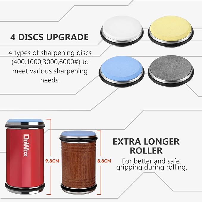Knife Sharpener,Longer Rolling Knife Sharpener Kit,Diamond & Ceramic Knife Sharpening System with Leather Strop,4 Angle Guide, Replaceable Discs for All Kitchen Knives