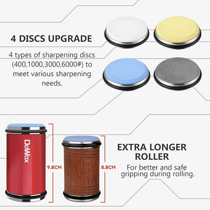 Knife Sharpener,Longer Rolling Knife Sharpener Kit,Diamond & Ceramic Knife Sharpening System with Leather Strop,4 Angle Guide, Replaceable Discs for All Kitchen Knives