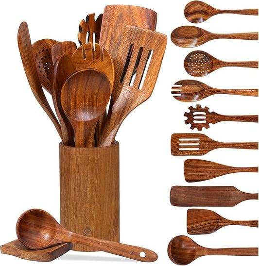 12 Piece Wooden Spoons for Cooking, Natural Teak Wooden Utensils Set, Handmade Wood Kitchen Utensil Set with Holder and Spoon, Durable Nonstick, Comfort Grip Wood Cookware Tool by Vorisebo