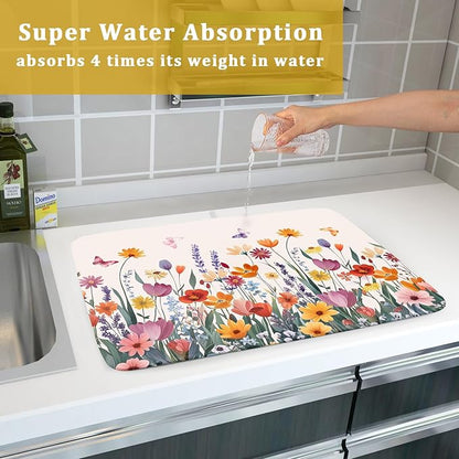 Kawani Spring Summer Flowers Dish Drying Mat for Kitchen Counter 16"x18" Colorful Floral Drying Mat Soft Absorbent Microfiber Farmhouse Fluttering Butterfly Dish Drainer Rack Mats for Counter tops