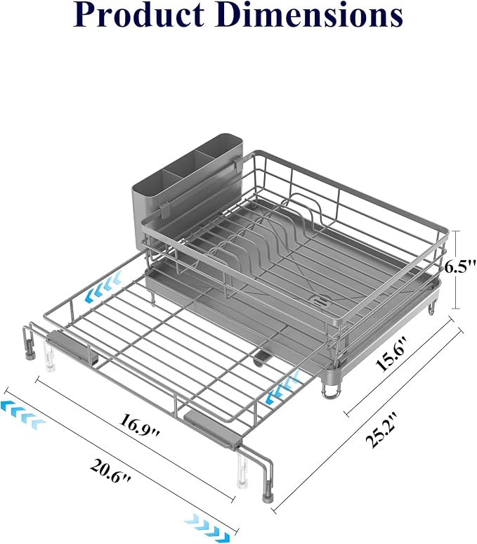 Kitsure Extendable Dish Drying Rack - Rust-Resistant Dish Racks for Kitchen Counter with Adjustable Support Legs, Cutlery Holder & Removable Draining Tray (Grey, 15.6''-25.2''L × 16.9''W × 8.1''H) - Image 3