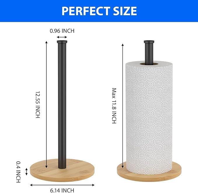 Wooden Paper Towel Holder Countertop, Black,Non-Slip Base, Stainless Steel, FreeStanding, Easy Install, Durable, Ideal for Home,RV,Bathroom,Farmhouse Essentials Decor Accessories