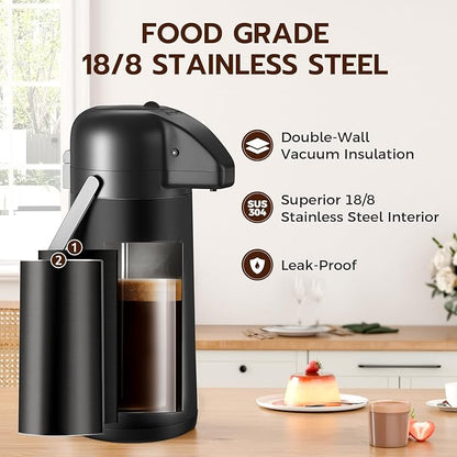 Coffee Carafe for Keeping Hot - Gezoss 102OZ / 3L Airpot Coffee Dispenser with Pump - Large Coffee Carafe for Hot Drinks Tea Liquid - Insulated Stainless Steel Hot Water Beverage for Parties,Black - Image 2