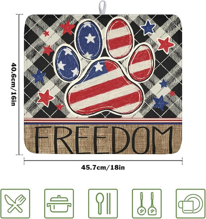 4th of July Dish Drying Mat 18x16 Inch, Patriotic Drying Mat with Absorbent Reversible Microfiber, Independence Day Dish Drainer Mats Memorial Day Rack Pad for Coffee Countertop Kitchen Protector