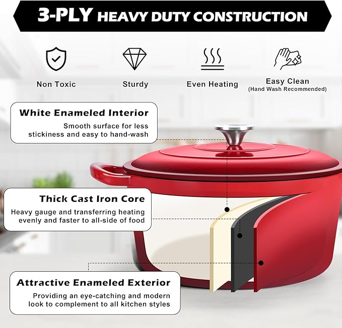 TeamFar 5Qt Dutch Oven, Enameled Cast Iron Dutch Oven with Lid & Dual Handles for Cooking Baking Braising Simmering, Healthy & Sturdy, Oven & Various Stovetops Safe, Non-stick & Easy Clean - Red - Image 3