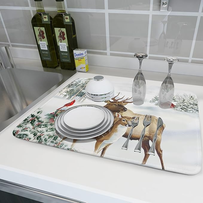 Giwawa Winter Deer Dish Drying Mat 18"x24" Xmas Tree Bird Holly Berry Dish Drainer Mats Elk Moose Snow Cottage Farmhouse Reversible Large Dish Drying Pad Protector for Kitchen Countertop Decor